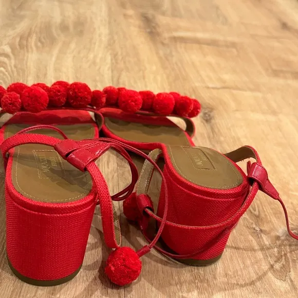 Aquazurra Pom Pom Block Heels with wrap closure