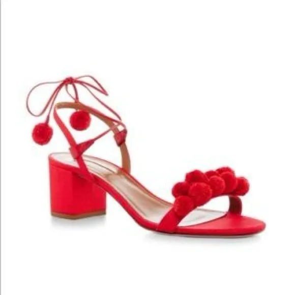 Aquazurra Pom Pom Block Heels with wrap closure