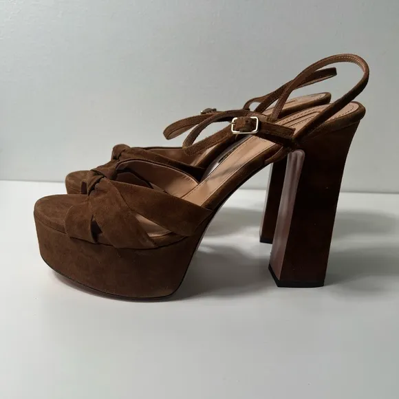 Aquazzura Baba Cognac Suede Platform Sandal Heels Pumps