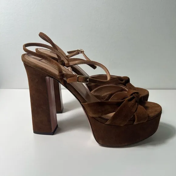 Aquazzura Baba Cognac Suede Platform Sandal Heels Pumps