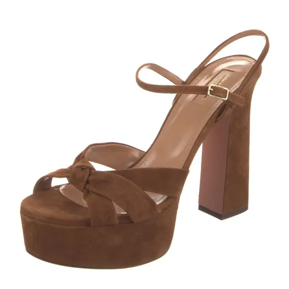 Aquazzura Baba Cognac Suede Platform Sandal Heels Pumps