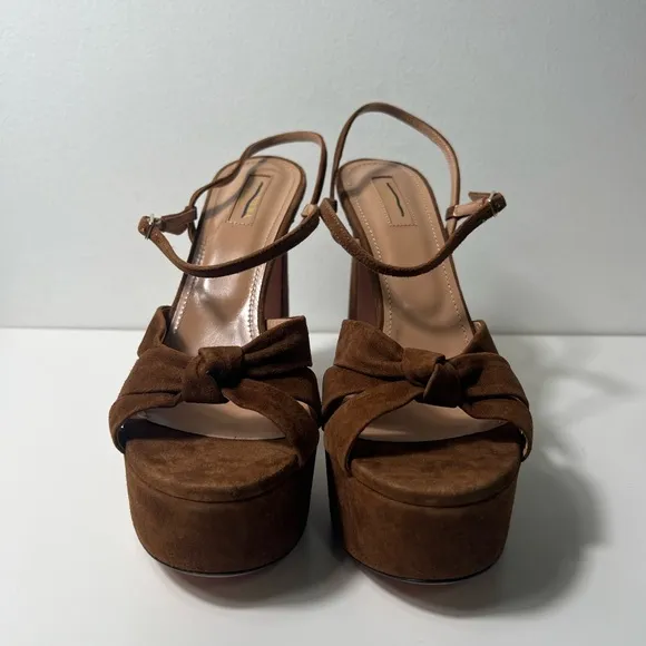 Aquazzura Baba Cognac Suede Platform Sandal Heels Pumps