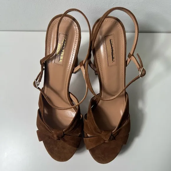 Aquazzura Baba Cognac Suede Platform Sandal Heels Pumps