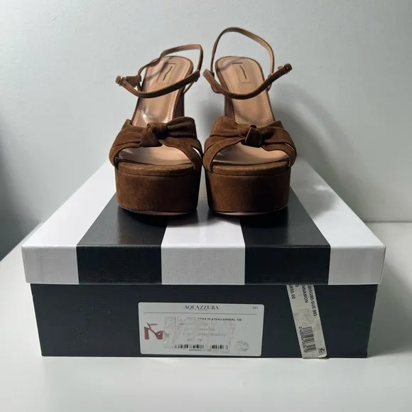 Aquazzura Baba Cognac Suede Platform Sandal Heels Pumps