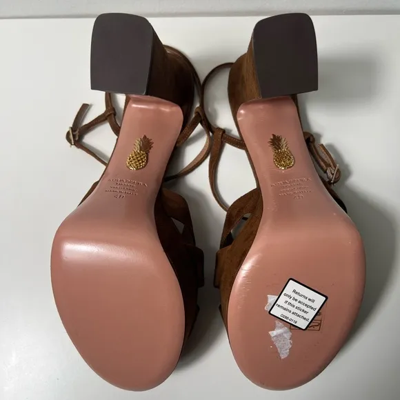 Aquazzura Baba Cognac Suede Platform Sandal Heels Pumps
