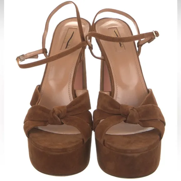 Aquazzura Baba Cognac Suede Platform Sandal Heels Pumps