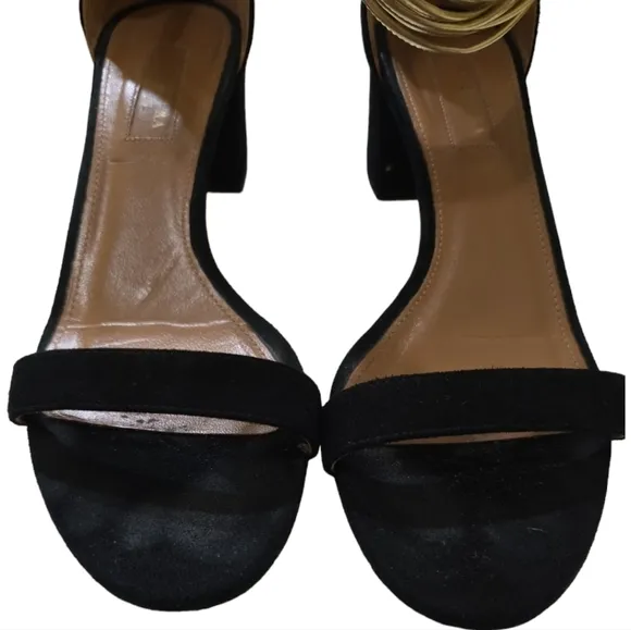 Aquazzura Black Suede Block Heels w/ Gold Multiple Straps at Ankle Back Zip 7.5