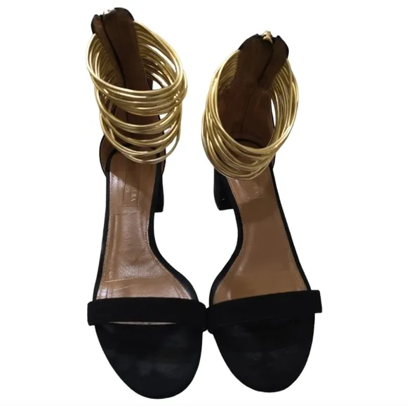 Aquazzura Black Suede Block Heels w/ Gold Multiple Straps at Ankle Back Zip 7.5