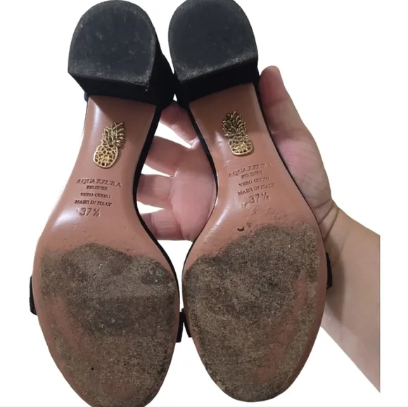 Aquazzura Black Suede Block Heels w/ Gold Multiple Straps at Ankle Back Zip 7.5
