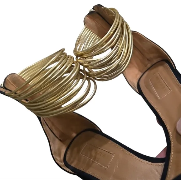 Aquazzura Black Suede Block Heels w/ Gold Multiple Straps at Ankle Back Zip 7.5
