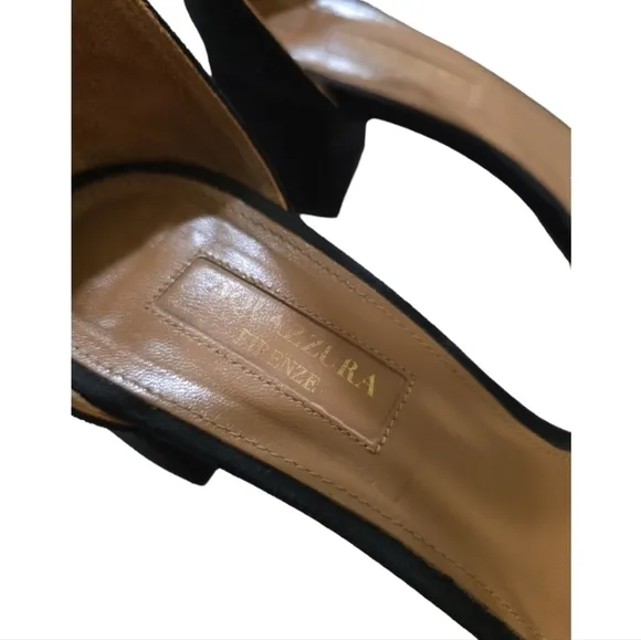Aquazzura Black Suede Block Heels w/ Gold Multiple Straps at Ankle Back Zip 7.5