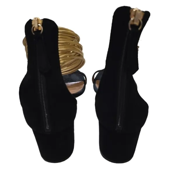 Aquazzura Black Suede Block Heels w/ Gold Multiple Straps at Ankle Back Zip 7.5