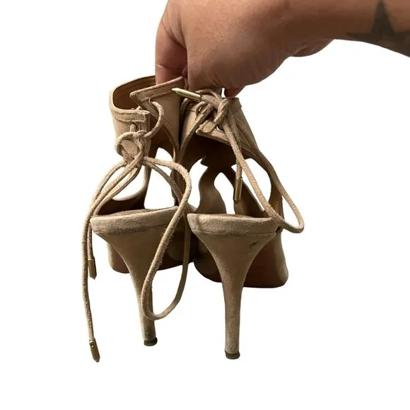 Aquazzura Firenze Womens Tan Camel Suede Nomad Caged Open Toe Heels Size 7