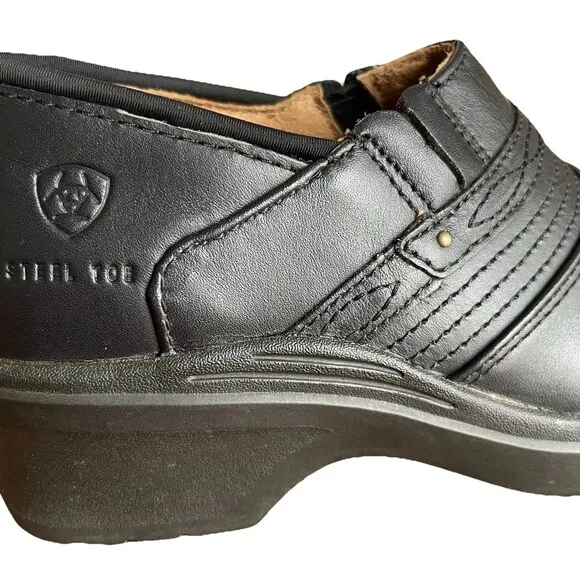 Ariat Shoes Women’s 7.5B Black Leather Steel Toe Work Clogs Slip Oil Resistant