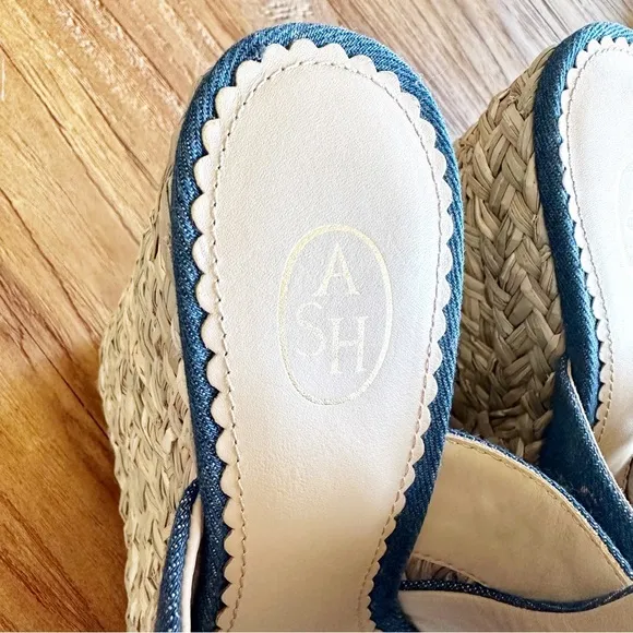 ASH Bahia Mules Womens Embroidered Platform Slides Heels Wedges Denim Jeans 39