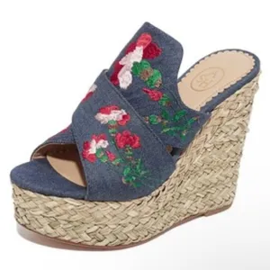 ASH Bahia Mules Womens Embroidered Platform Slides Heels Wedges Denim Jeans 39