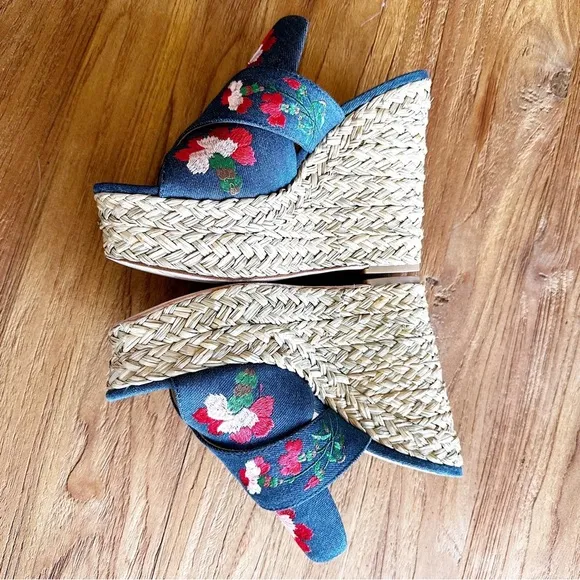 ASH Bahia Mules Womens Embroidered Platform Slides Heels Wedges Denim Jeans 39