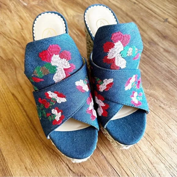 ASH Bahia Mules Womens Embroidered Platform Slides Heels Wedges Denim Jeans 39
