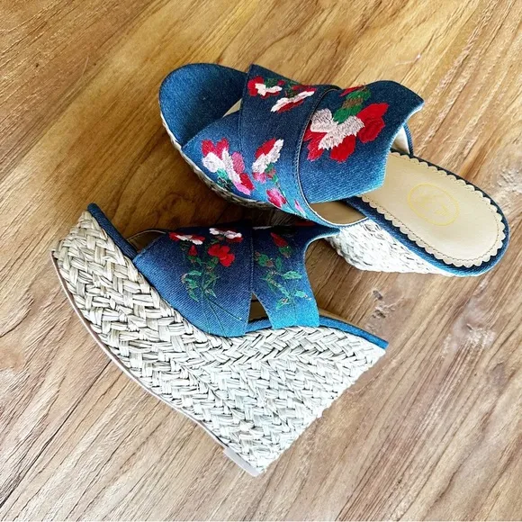ASH Bahia Mules Womens Embroidered Platform Slides Heels Wedges Denim Jeans 39