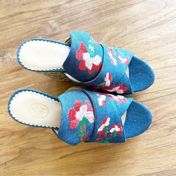 ASH Bahia Mules Womens Embroidered Platform Slides Heels Wedges Denim Jeans 39