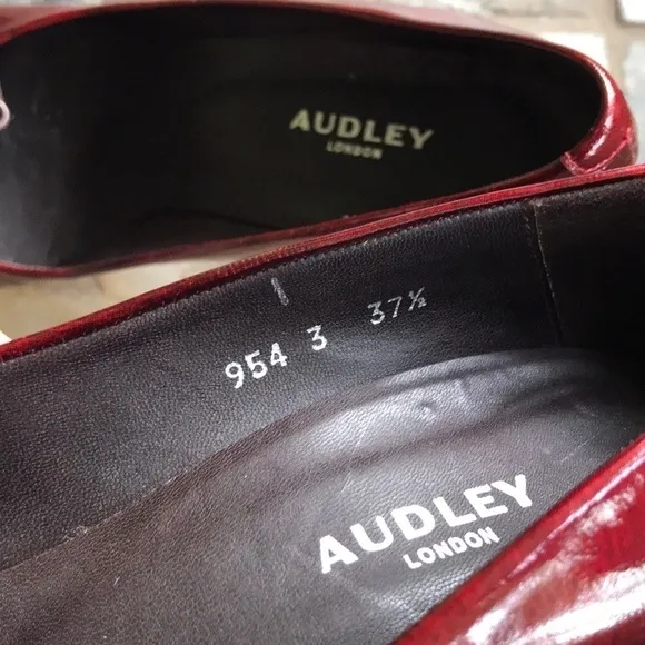 Audley London blood red patent leather architectural block heels