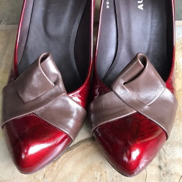 Audley London blood red patent leather architectural block heels