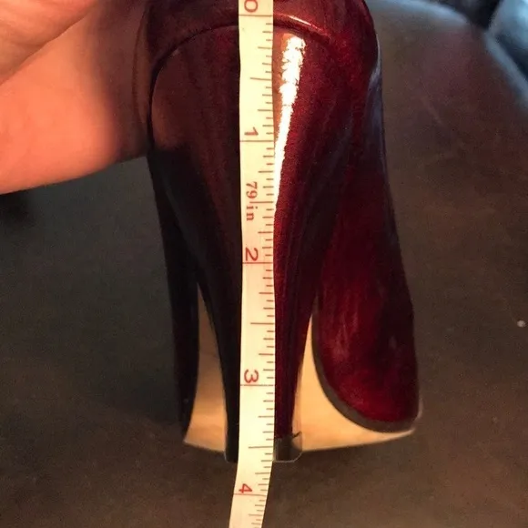 Audley London blood red patent leather architectural block heels