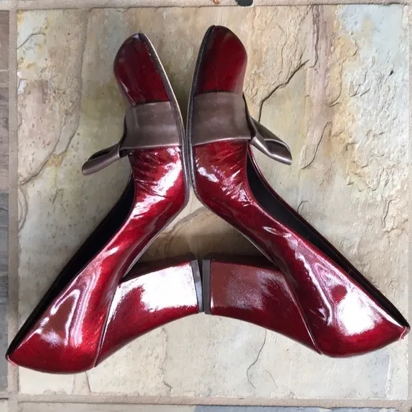 Audley London blood red patent leather architectural block heels
