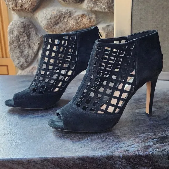 Audrey Brooke “Marseille” Black Suede Open Toe Gladiator Heels Bootie Size 8.5M