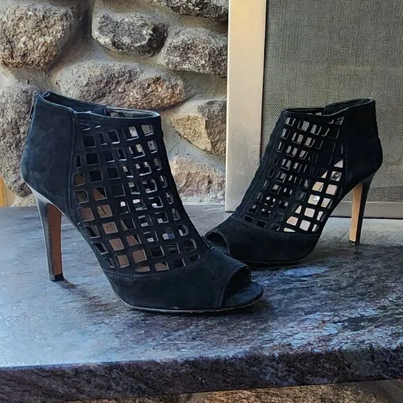 Audrey Brooke “Marseille” Black Suede Open Toe Gladiator Heels Bootie Size 8.5M