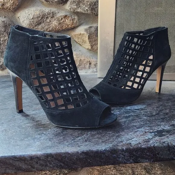Audrey Brooke “Marseille” Black Suede Open Toe Gladiator Heels Bootie Size 8.5M