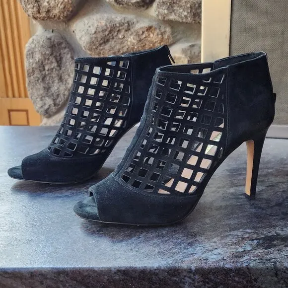 Audrey Brooke “Marseille” Black Suede Open Toe Gladiator Heels Bootie Size 8.5M