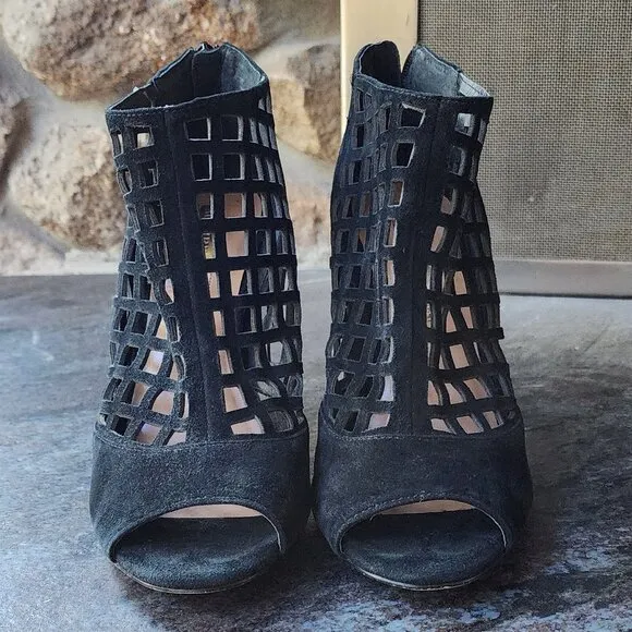 Audrey Brooke “Marseille” Black Suede Open Toe Gladiator Heels Bootie Size 8.5M