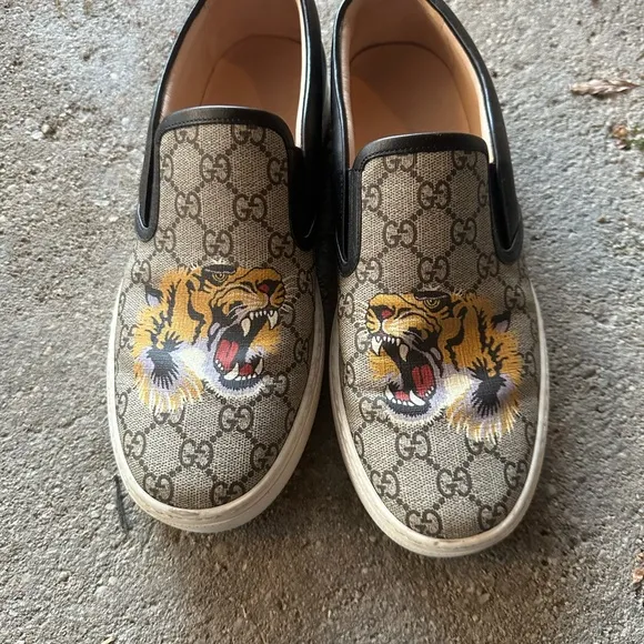 Authentic Gucci Tiger Canvas Leather Mens Slip On Sneakers