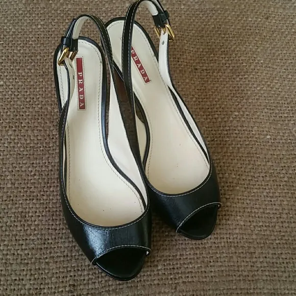 Authentic Prada open toe black leather heels