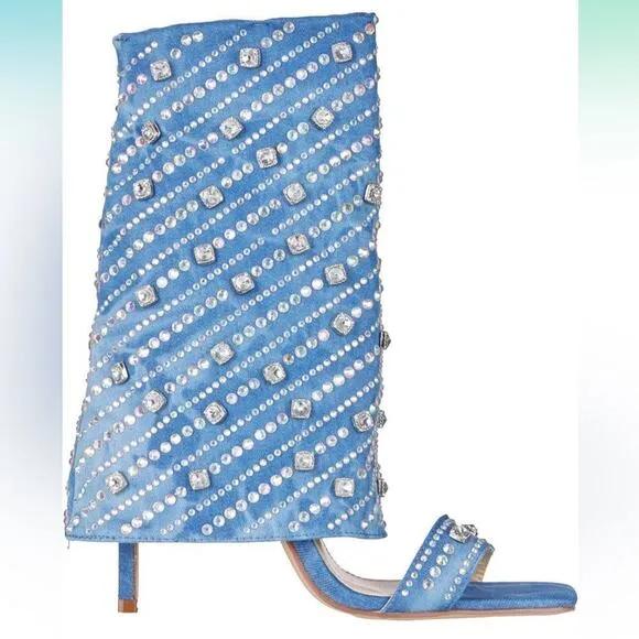 Azalea Wang Stefani Stiletto Rhinestone Denim Sandal, Size US 11, New with Tag