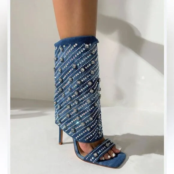 Azalea Wang Stefani Stiletto Rhinestone Denim Sandal, Size US 11, New with Tag