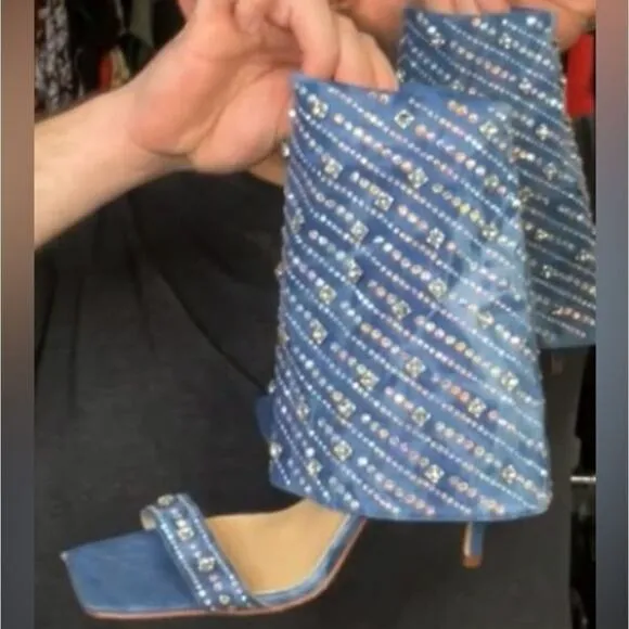 Azalea Wang Stefani Stiletto Rhinestone Denim Sandal, Size US 11, New with Tag
