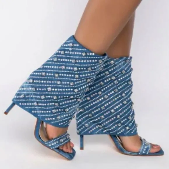 Azalea Wang Stefani Stiletto Rhinestone Denim Sandal, Size US 11, New with Tag
