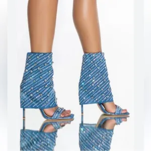 Azalea Wang Stefani Stiletto Rhinestone Denim Sandal, Size US 11, New with Tag