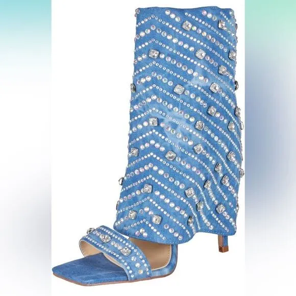Azalea Wang Stefani Stiletto Rhinestone Denim Sandal, Size US 11, New with Tag