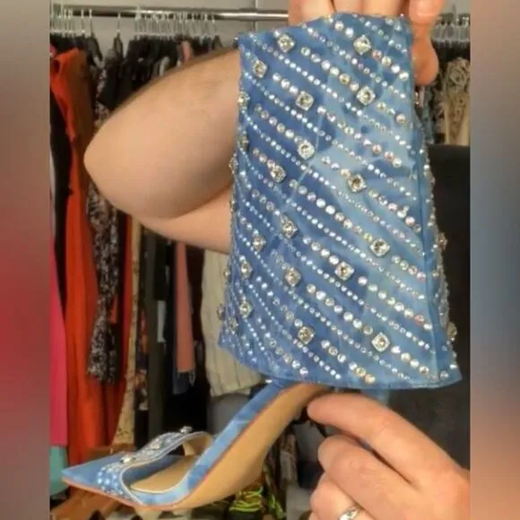 Azalea Wang Stefani Stiletto Rhinestone Denim Sandal, Size US 11, New with Tag