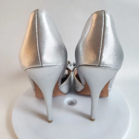 Badgely Mischka D'Orsay Formal Silver Leather Sole Open Toe Bow Heels 6.5 Pumps