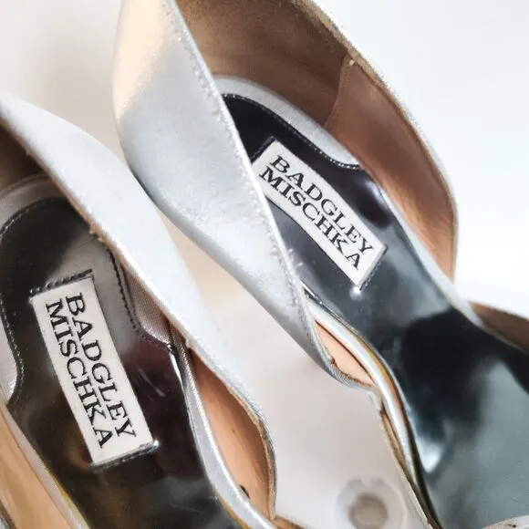 Badgely Mischka D'Orsay Formal Silver Leather Sole Open Toe Bow Heels 6.5 Pumps