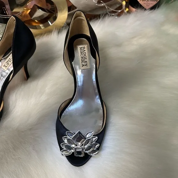 Badgley MISCHKA BLACK SATIN D’ORSAY OPEN TOE RHINESTONE EMBELLISHED HEELS 6.5M