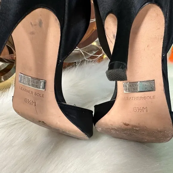 Badgley MISCHKA BLACK SATIN D’ORSAY OPEN TOE RHINESTONE EMBELLISHED HEELS 6.5M