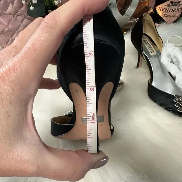 Badgley MISCHKA BLACK SATIN D’ORSAY OPEN TOE RHINESTONE EMBELLISHED HEELS 6.5M