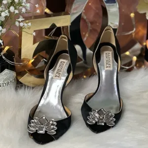 Badgley MISCHKA BLACK SATIN D’ORSAY OPEN TOE RHINESTONE EMBELLISHED HEELS 6.5M