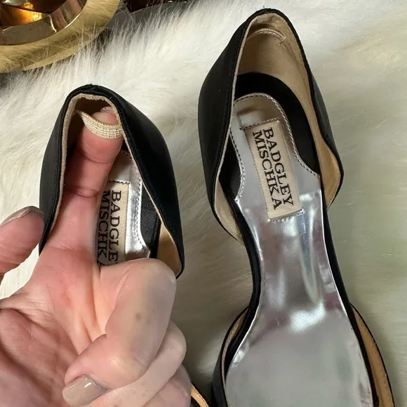 Badgley MISCHKA BLACK SATIN D’ORSAY OPEN TOE RHINESTONE EMBELLISHED HEELS 6.5M