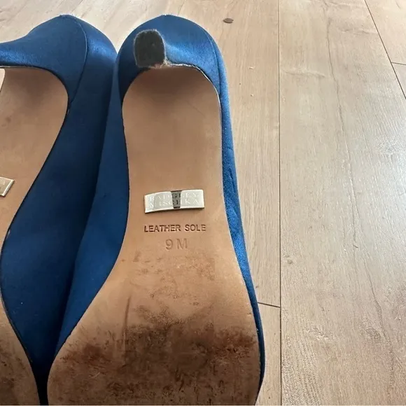 Badgley Mischka GOODIE satin open toe pump evening bridal Heels Navy 9M